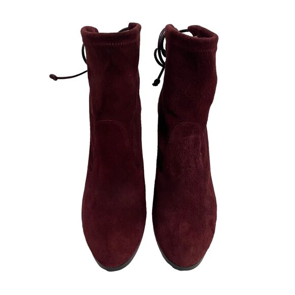 Stuart Weitzman Burgundy Suede Glove Tie Back Round Toe Heeled Ankle Bootie 7.5 - Picture 8 of 12